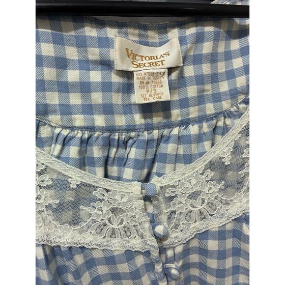 Vtg Victoria Secret Gold Label Blue Gingham Plaid Lace Nightgown Cotton Small** - Picture 2 of 12